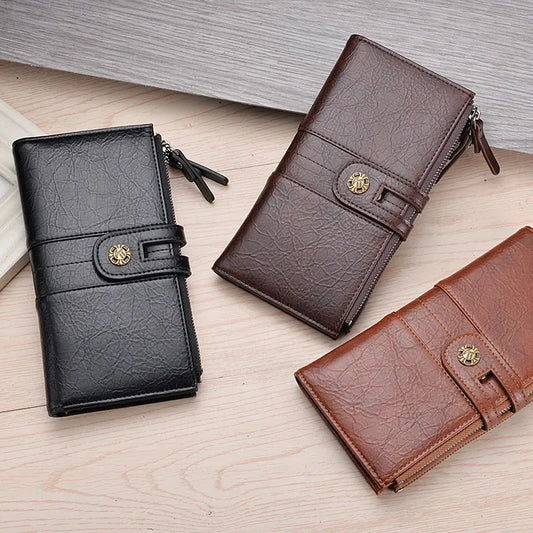 Brown Men's Vintage PU Leather Long Wallet - High Capacity Dual Zipper Clutch with Phone & Card Slots - Image 2