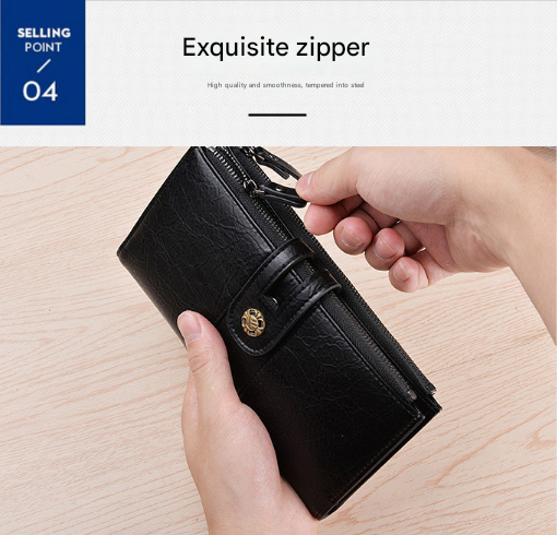 Brown Men's Vintage PU Leather Long Wallet - High Capacity Dual Zipper Clutch with Phone & Card Slots - Image 5