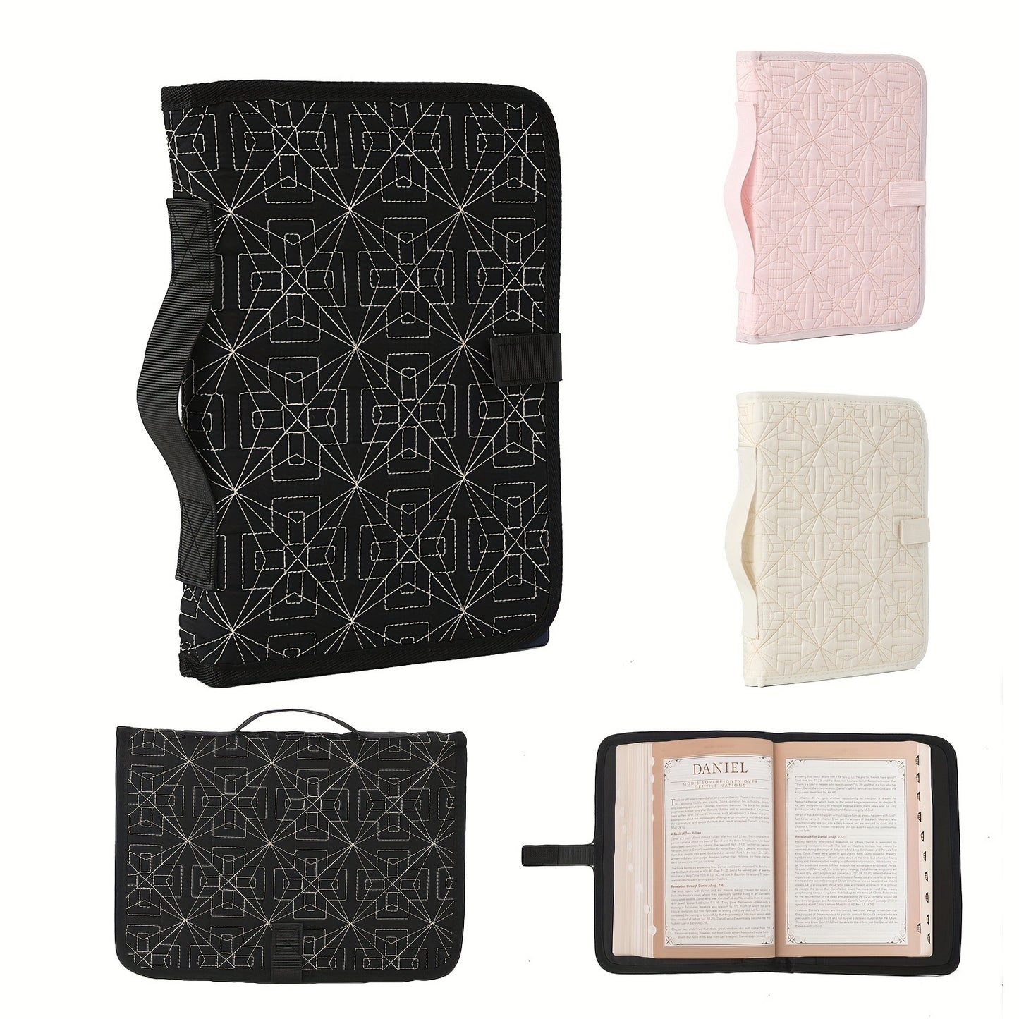 Beige Elegant Quilted Bible Cover - Protective Book Case with Carry Handle  - Image 2