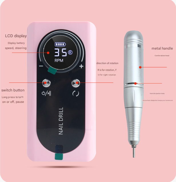 Pink Professional Rechargeable Nail Drill Machine - 45000RPM Portable E-File Kit for Acrylic, Gel, Polishing & Manicure - Image 3