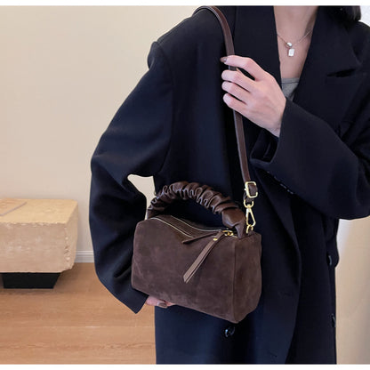 Coffee Chic Ruched Handle Crossbody Bag - Womens Faux Suede Top Handle Handbag with Detachable Strap - Image 6