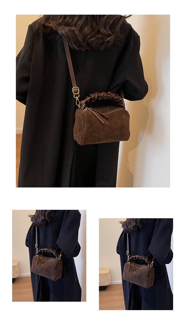 Coffee Chic Ruched Handle Crossbody Bag - Womens Faux Suede Top Handle Handbag with Detachable Strap - Image 7