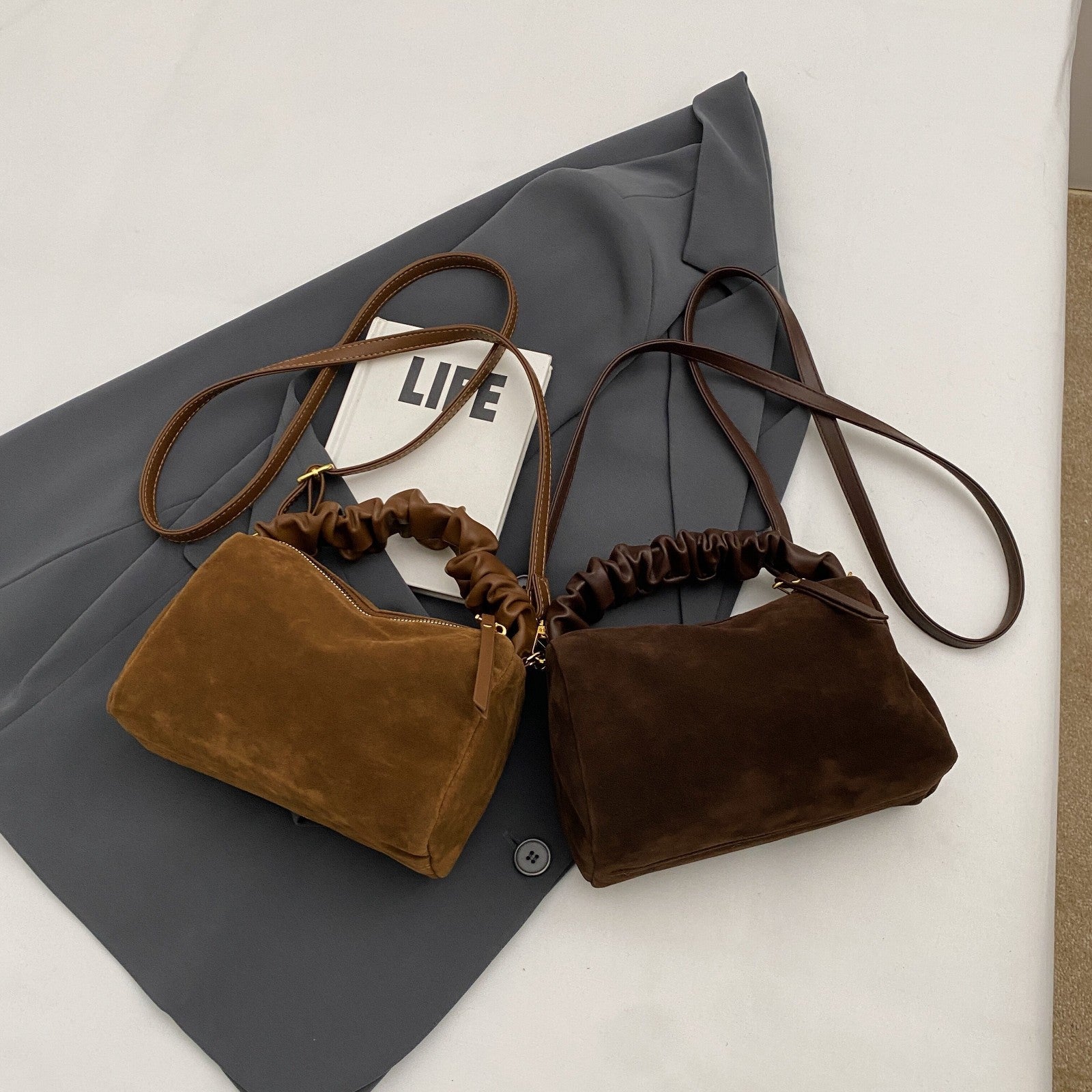 Coffee Chic Ruched Handle Crossbody Bag - Womens Faux Suede Top Handle Handbag with Detachable Strap - Image 8