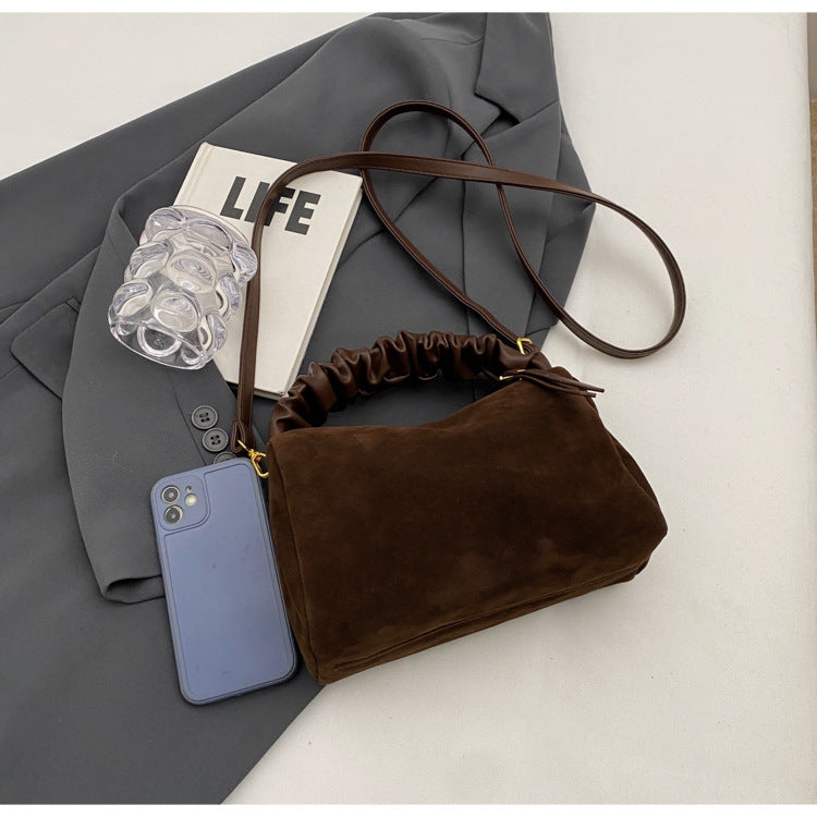 Brown Chic Ruched Handle Crossbody Bag - Womens Faux Suede Top Handle Handbag with Detachable Strap - Image 3