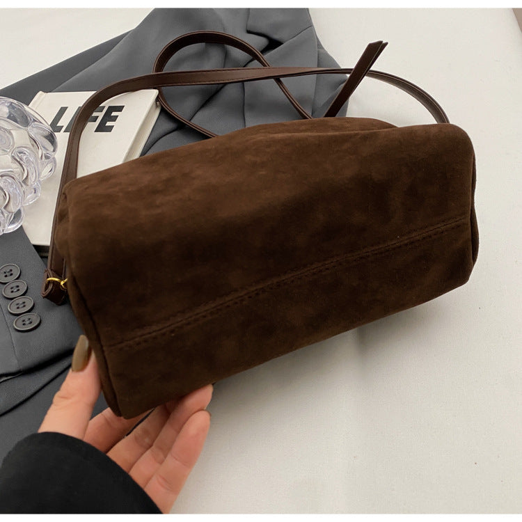 Brown Chic Ruched Handle Crossbody Bag - Womens Faux Suede Top Handle Handbag with Detachable Strap - Image 4