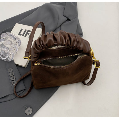 Brown Chic Ruched Handle Crossbody Bag - Womens Faux Suede Top Handle Handbag with Detachable Strap - Image 5