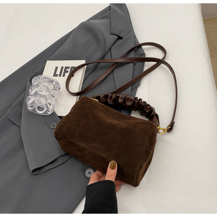Brown Chic Ruched Handle Crossbody Bag - Womens Faux Suede Top Handle Handbag with Detachable Strap - Image 6