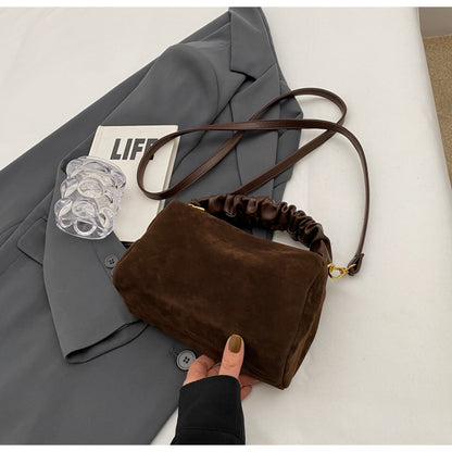 Brown Chic Ruched Handle Crossbody Bag - Womens Faux Suede Top Handle Handbag with Detachable Strap - Image 6