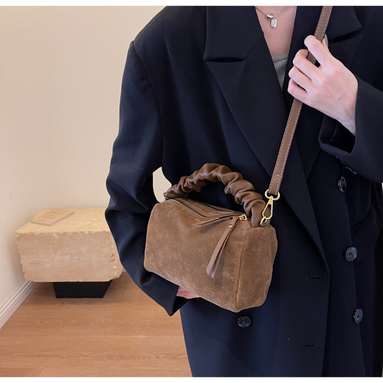 Brown Chic Ruched Handle Crossbody Bag - Womens Faux Suede Top Handle Handbag with Detachable Strap - Image 7