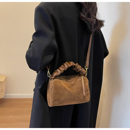 Brown Chic Ruched Handle Crossbody Bag - Womens Faux Suede Top Handle Handbag with Detachable Strap - Image 8