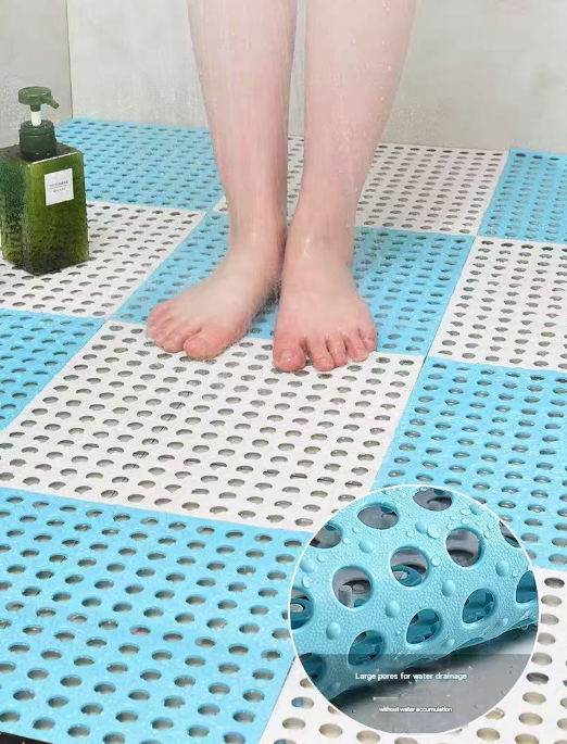 Grey And Pink DIY Interlocking Non-Slip Floor Tiles - 18-Pack PVC Drainage Mat for Shower & Bathroom Safety - Image 3