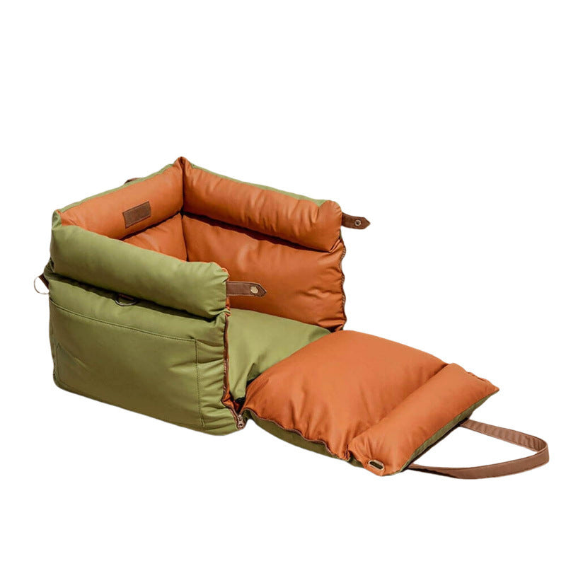 Green and Orange Premium Plush Pet Booster Car Seat - Portable Dog Travel Bed with Non-Slip Base - Image 3