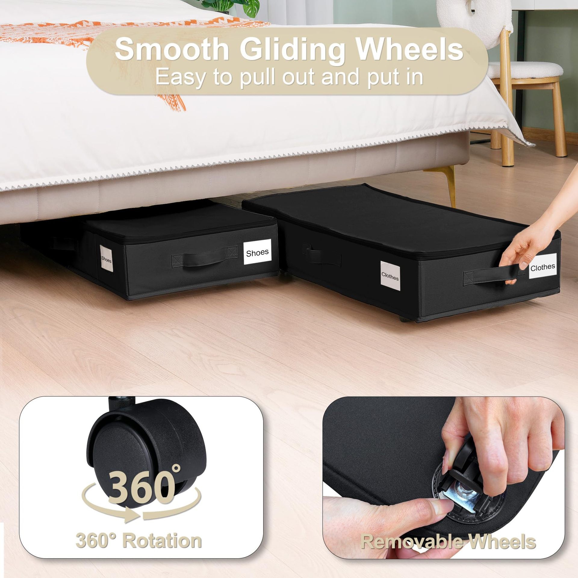 1 piece Black Size L Collapsible Underbed Storage Organizer with Wheels - Fabric Bin with Dustproof Lid - Image 3