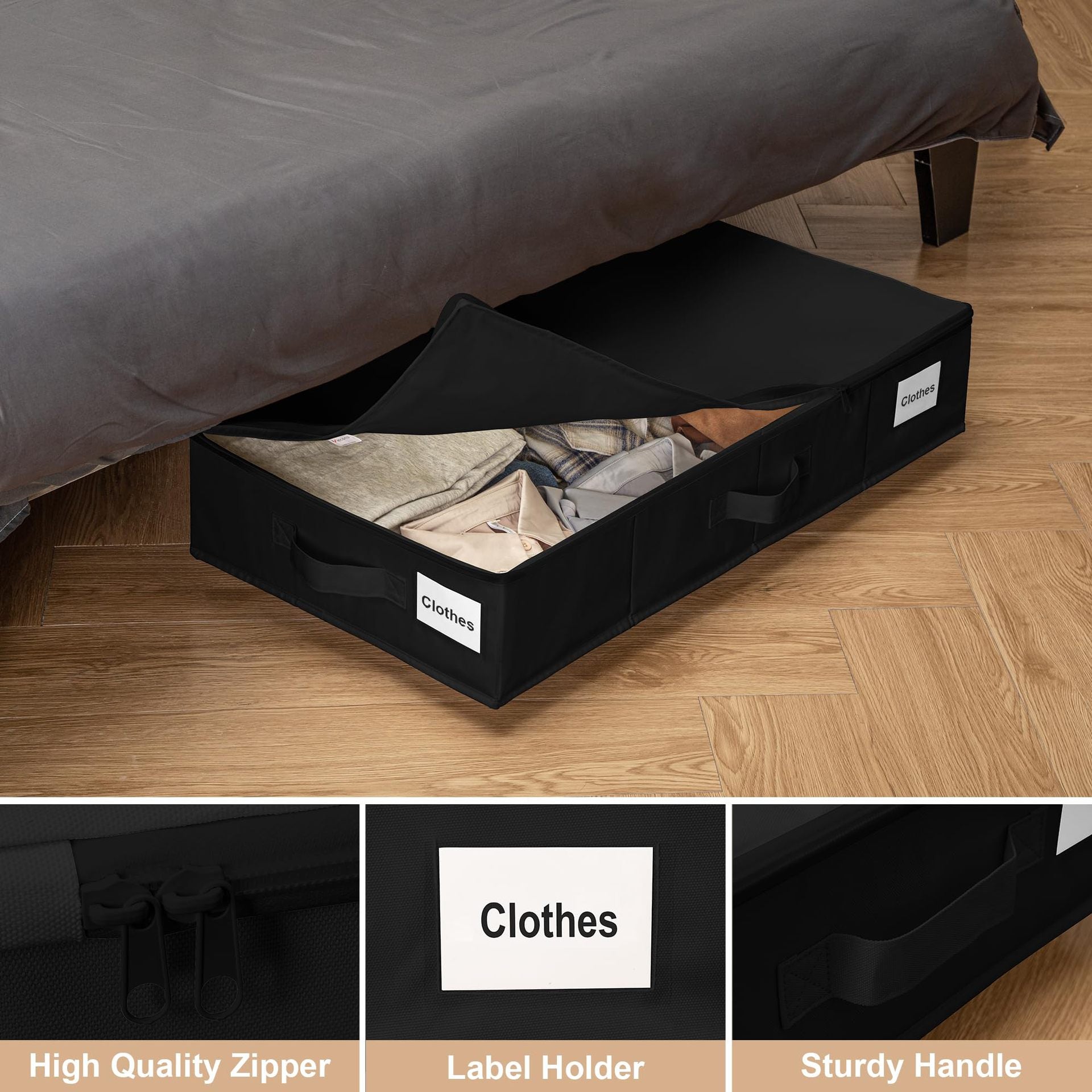 1 piece Black Size L Collapsible Underbed Storage Organizer with Wheels - Fabric Bin with Dustproof Lid - Image 4