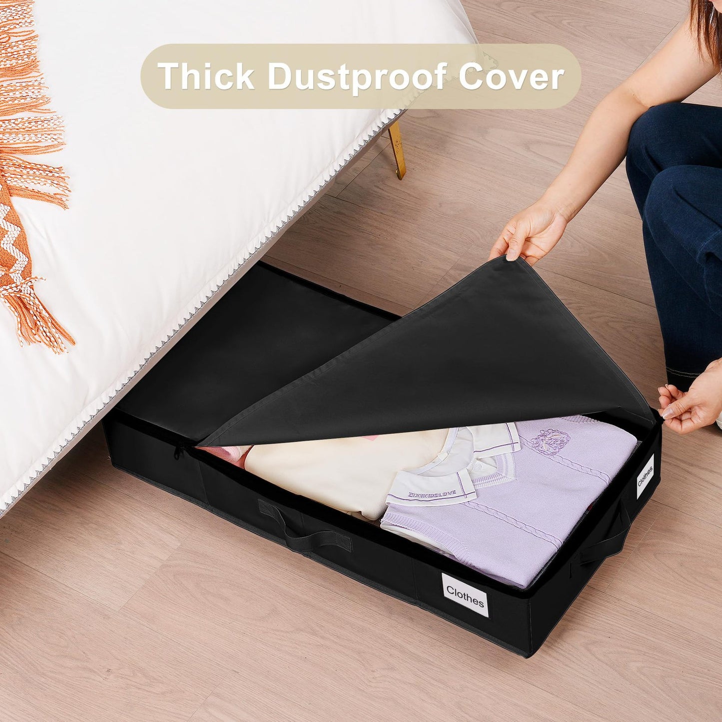 1 piece Black Size L Collapsible Underbed Storage Organizer with Wheels - Fabric Bin with Dustproof Lid - Image 5