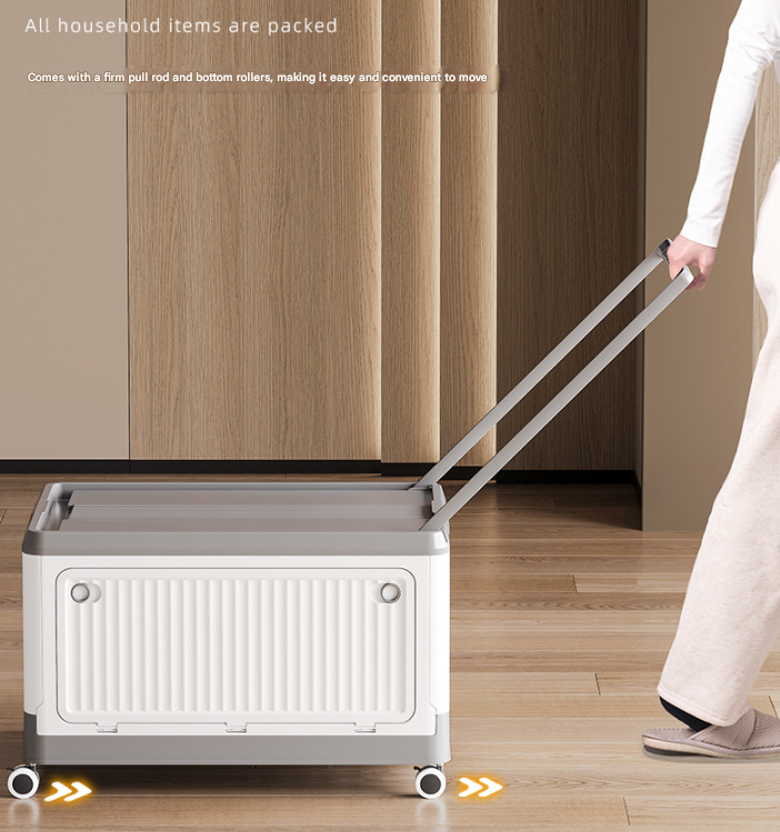 Size L Brown Collapsible Storage Box with Wheels and Telescopic Handle - Stackable Folding Crate for Car & Home - Image 2