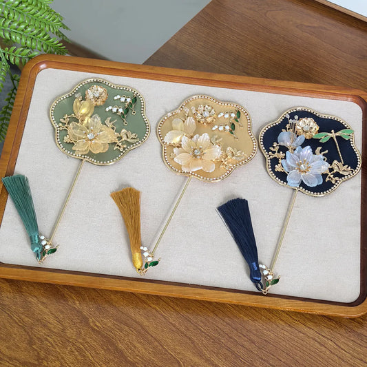 Yellow Exquisite Chinese Palace Style Mini Fan - Handheld Decorative Prop with Tassel for Photoshoots - Image 3