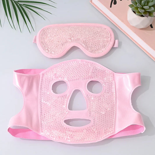 Pink Reusable Cooling Gel Bead Face Mask and Eye Mask Set - Soothing Therapy for Puffy Eyes, Headaches and Facial Relaxation