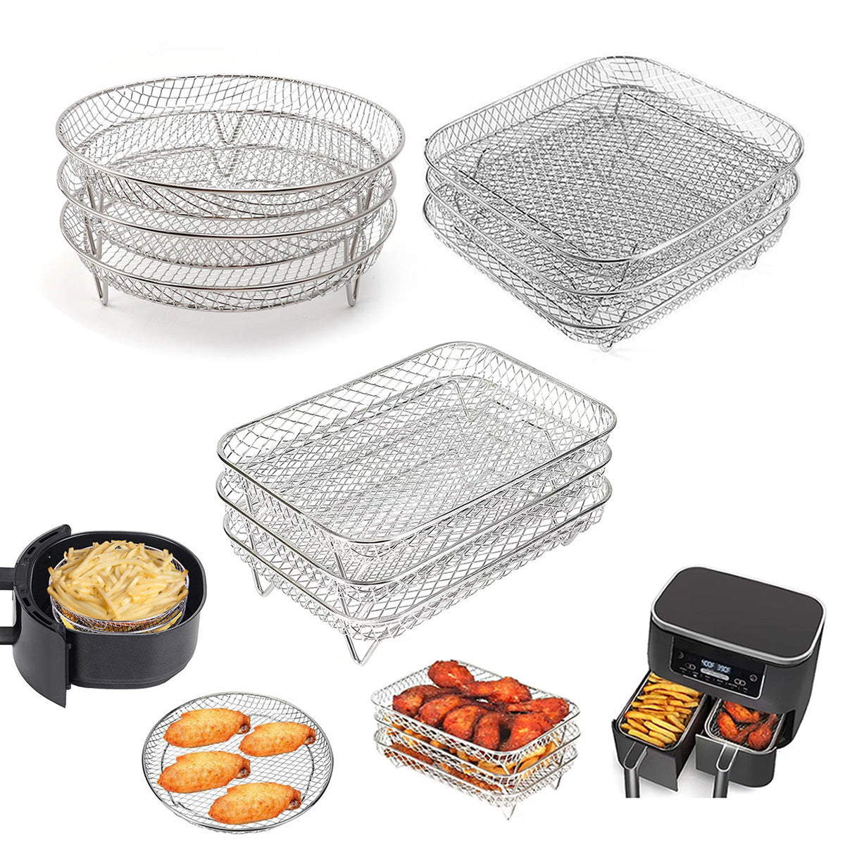 Silver 3-Pack Stackable Air fryer Racks - Food Grade Stainless Steel Multi-Layer Dehydrator & Crisper Tray Accessory - Image 3