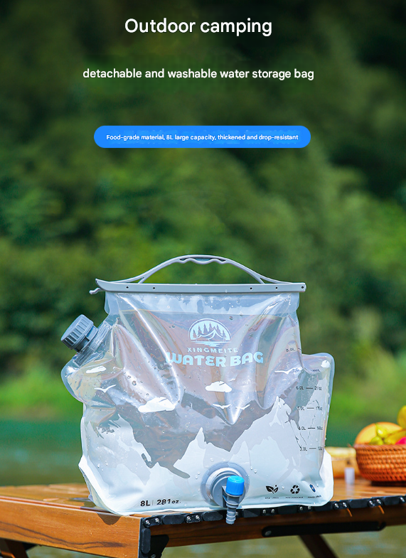 1 Piece Grey 8L Foldable Water Bag - Large Capacity Portable Water Carrier with Spigot for Camping & Outdoors - Image 2