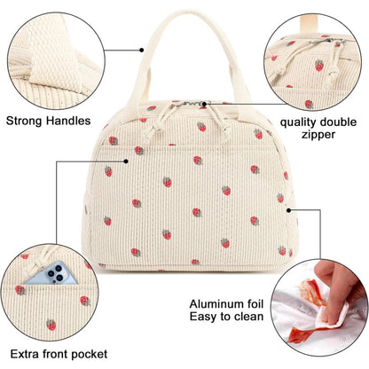 Beige Strawberry Pattern Corduroy Lunch Bag - Insulated Thermal Cooler Tote for School Work and Picnics - Image 5