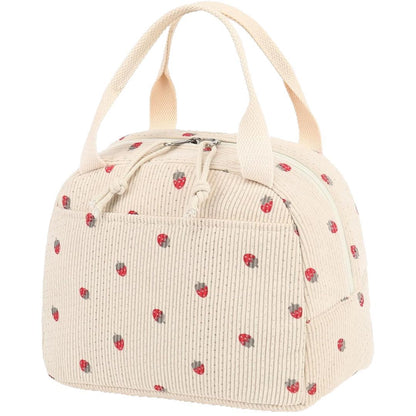 Beige Strawberry Pattern Corduroy Lunch Bag - Insulated Thermal Cooler Tote for School Work and Picnics - Image 6