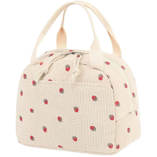 Beige Strawberry Pattern Corduroy Lunch Bag - Insulated Thermal Cooler Tote for School Work and Picnics - Image 6
