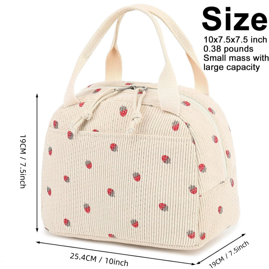 Pink Strawberry Pattern Corduroy Lunch Bag - Insulated Thermal Cooler Tote for School Work and Picnics - Image 4