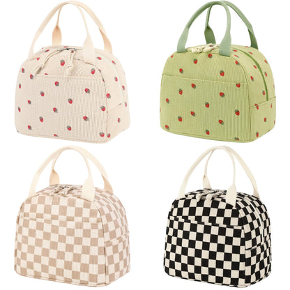 Beige Checkered Pattern Corduroy Lunch Bag - Insulated Thermal Cooler Tote for School Work and Picnics - Image 2