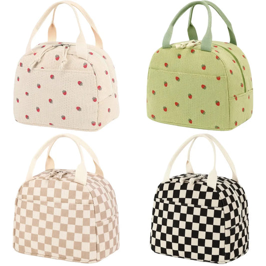 Beige Checkered Pattern Corduroy Lunch Bag - Insulated Thermal Cooler Tote for School Work and Picnics - Image 2