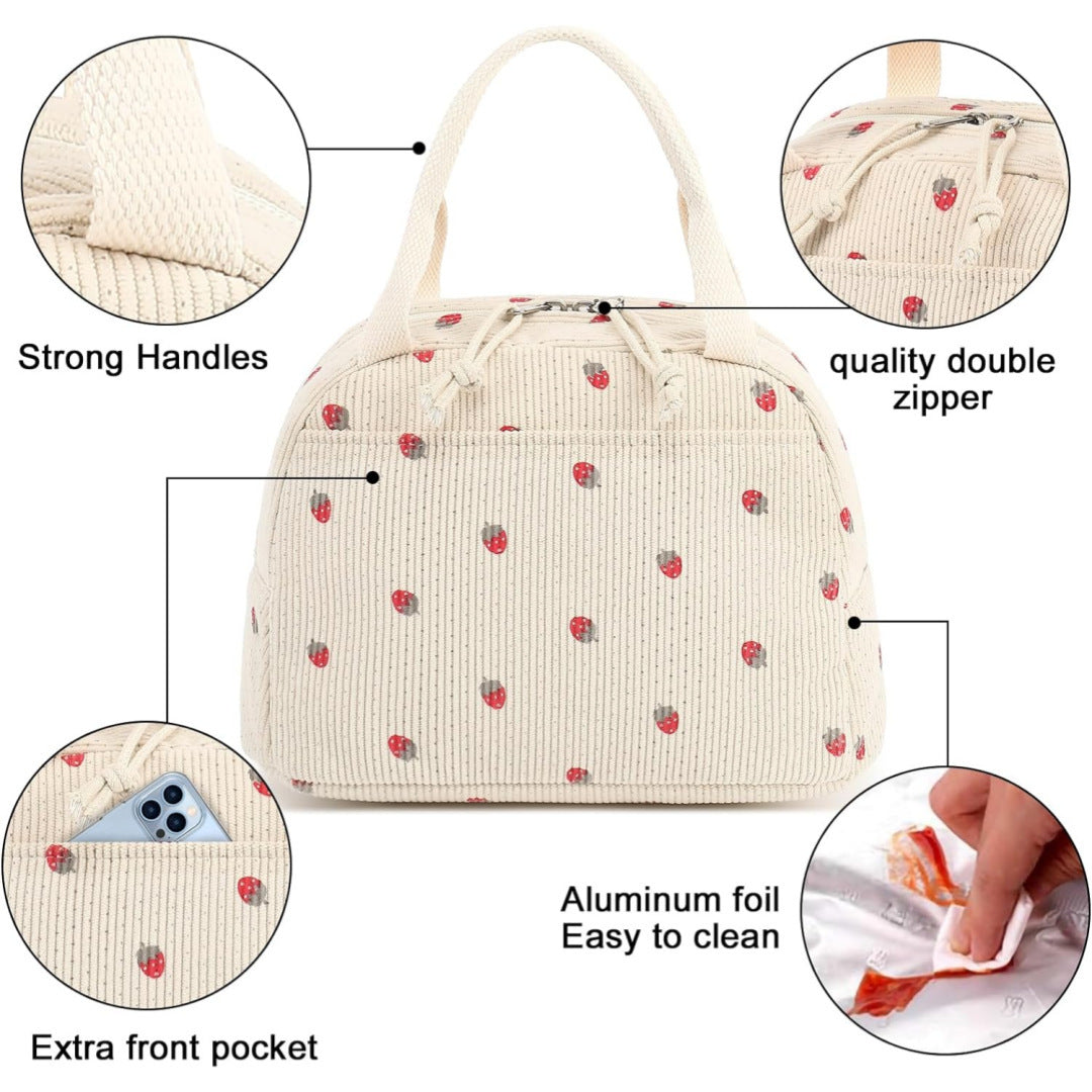 Beige Checkered Pattern Corduroy Lunch Bag - Insulated Thermal Cooler Tote for School Work and Picnics - Image 5