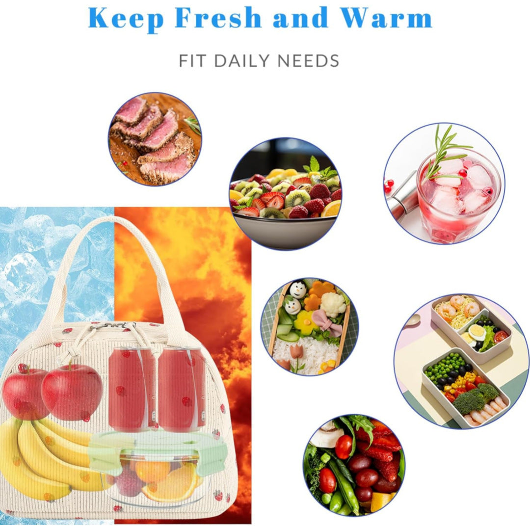Beige Checkered Pattern Corduroy Lunch Bag - Insulated Thermal Cooler Tote for School Work and Picnics - Image 8