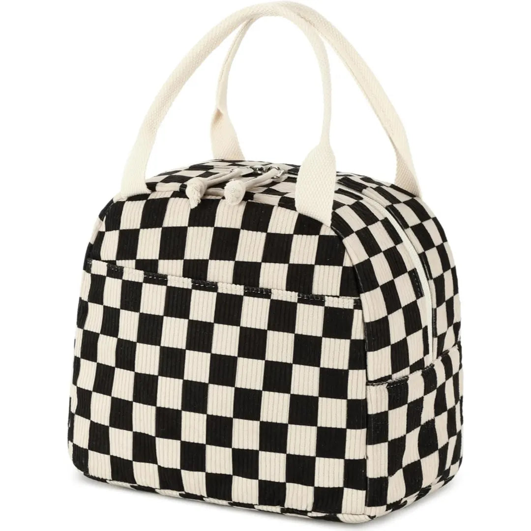 Black and White Checkered Pattern Corduroy Lunch Bag - Insulated Thermal Cooler Tote for School Work and Picnics