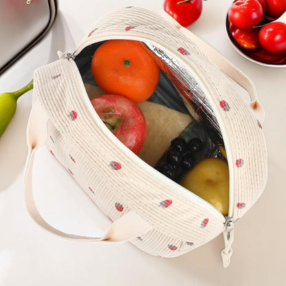Black and White Checkered Pattern Corduroy Lunch Bag - Insulated Thermal Cooler Tote for School Work and Picnics - Image 3