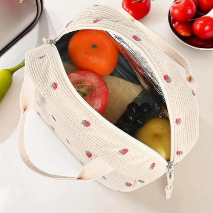 Black and White Checkered Pattern Corduroy Lunch Bag - Insulated Thermal Cooler Tote for School Work and Picnics - Image 3