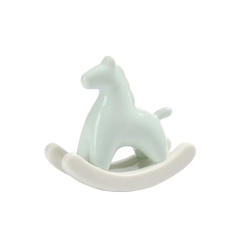 Light Green Modern Ceramic Rocking Horse Ornament - Cute Porcelain Figurine for Desk & Shelf Decor