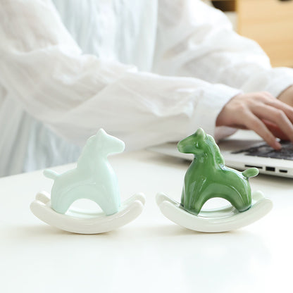 Pink Modern Ceramic Rocking Horse Ornament - Cute Porcelain Figurine for Desk & Shelf Decor - Image 2