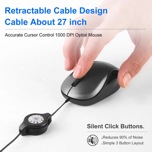 Grey and Black Portable Mini USB-C Mouse with Retractable Cable - Silent Click Travel Mouse for Laptop, MacBook, Tablet - Image 3