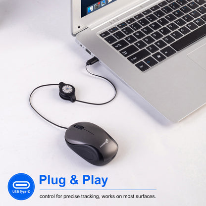 Grey and Black Portable Mini USB-C Mouse with Retractable Cable - Silent Click Travel Mouse for Laptop, MacBook, Tablet - Image 5