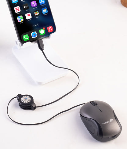 Grey and Black Portable Mini USB-C Mouse with Retractable Cable - Silent Click Travel Mouse for Laptop, MacBook, Tablet - Image 6