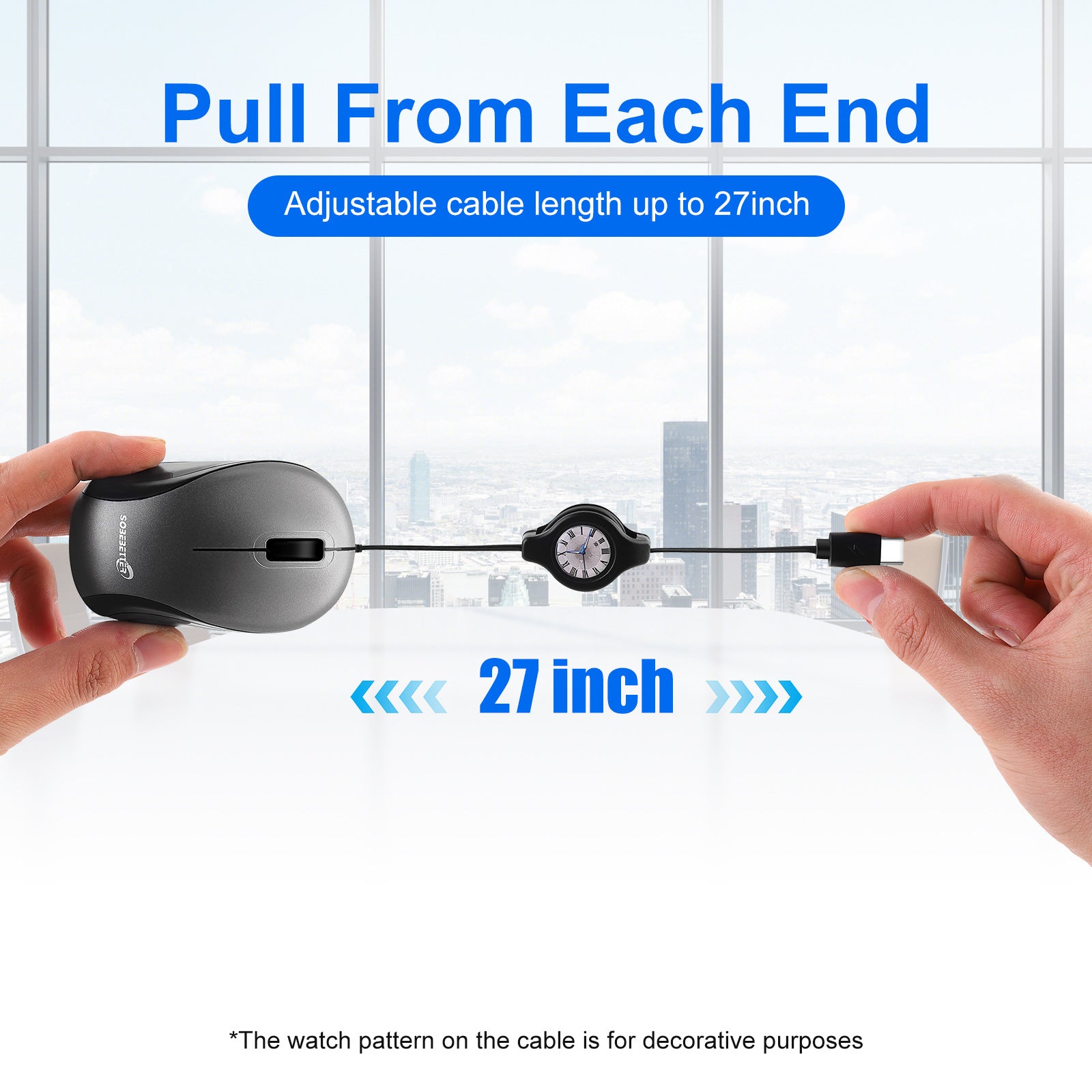 Blue and Black Portable Mini USB-C Mouse with Retractable Cable - Silent Click Travel Mouse for Laptop, MacBook, Tablet - Image 2