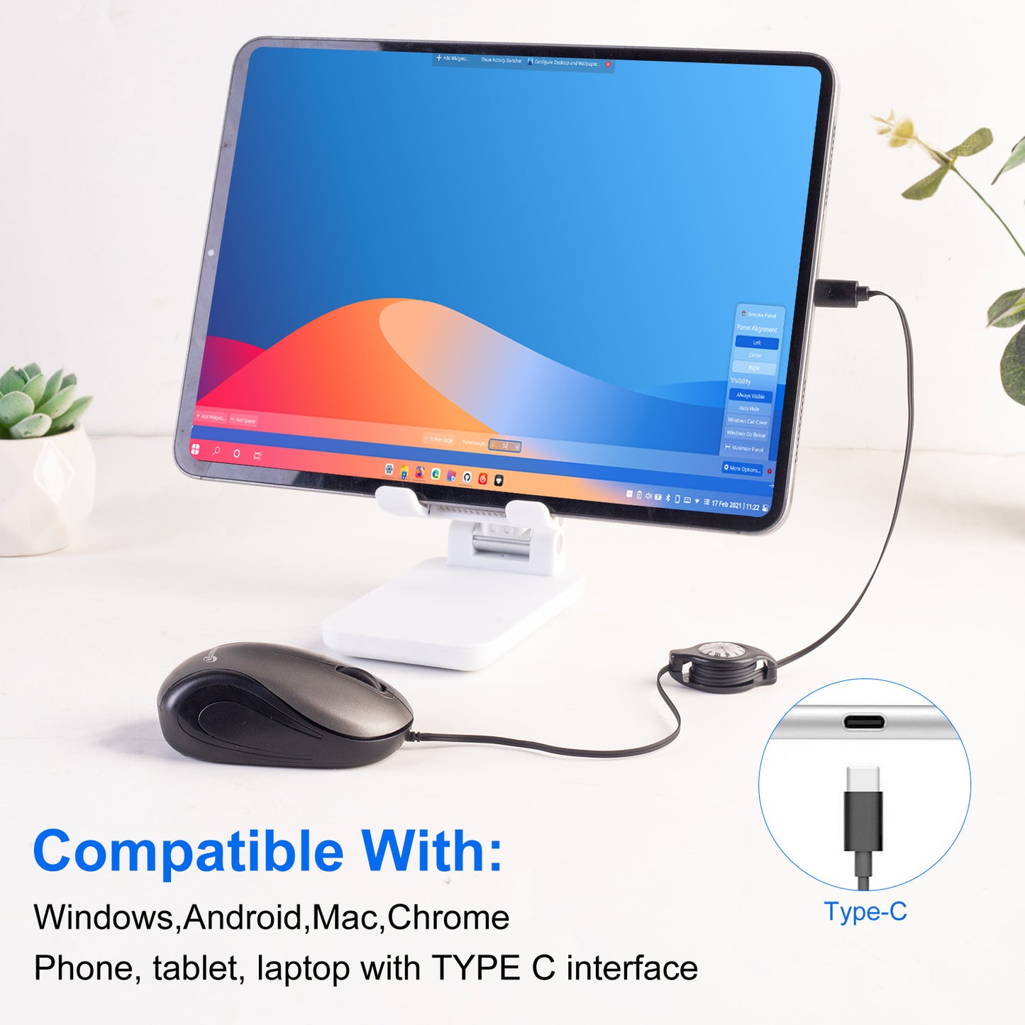 Blue and Black Portable Mini USB-C Mouse with Retractable Cable - Silent Click Travel Mouse for Laptop, MacBook, Tablet - Image 4