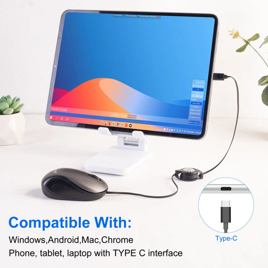 Blue and Black Portable Mini USB-C Mouse with Retractable Cable - Silent Click Travel Mouse for Laptop, MacBook, Tablet - Image 4
