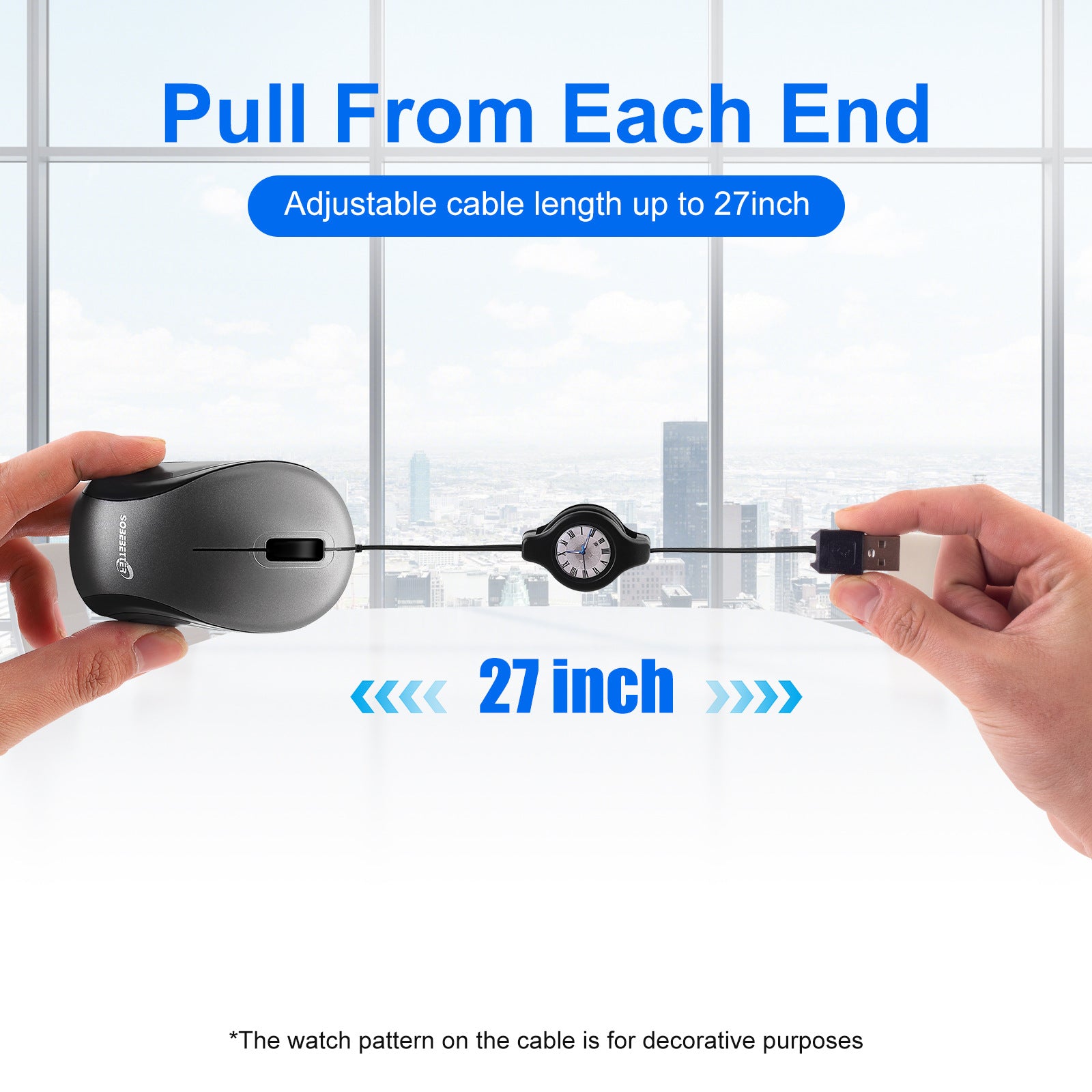 Grey and Black Portable Mini USB Mouse with Retractable Cable - Compact Travel Mouse for PC and Laptop - Image 2