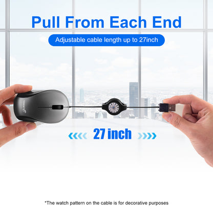 Grey and Black Portable Mini USB Mouse with Retractable Cable - Compact Travel Mouse for PC and Laptop - Image 2