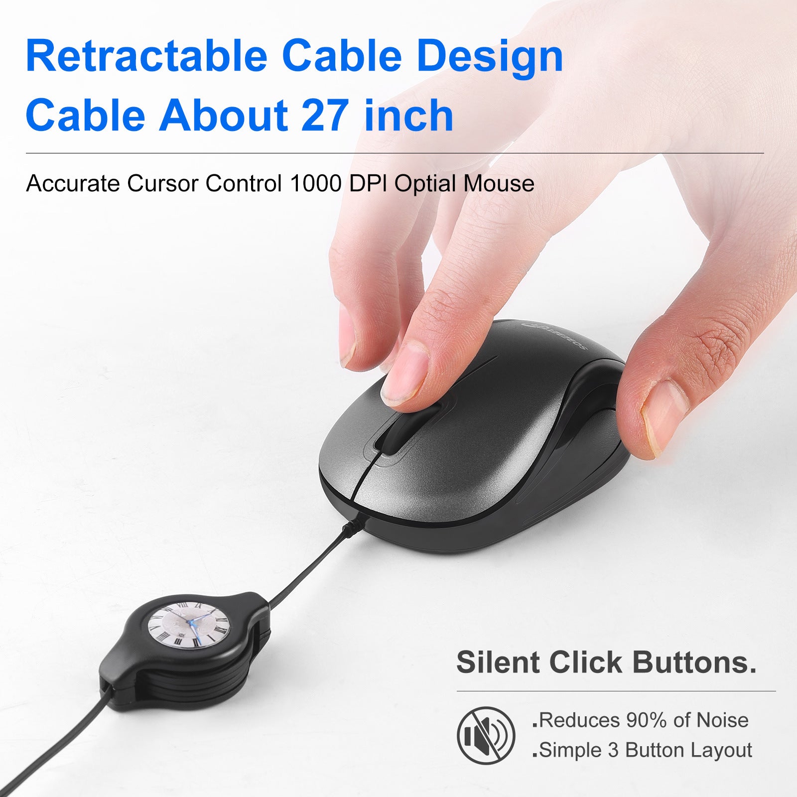 Grey and Black Portable Mini USB Mouse with Retractable Cable - Compact Travel Mouse for PC and Laptop - Image 3