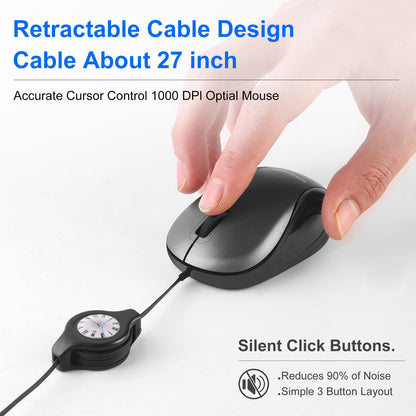 Grey and Black Portable Mini USB Mouse with Retractable Cable - Compact Travel Mouse for PC and Laptop - Image 3