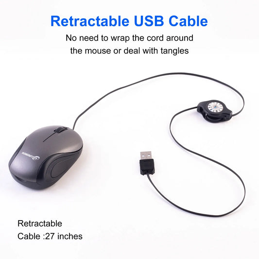 Grey and Black Portable Mini USB Mouse with Retractable Cable - Compact Travel Mouse for PC and Laptop - Image 4