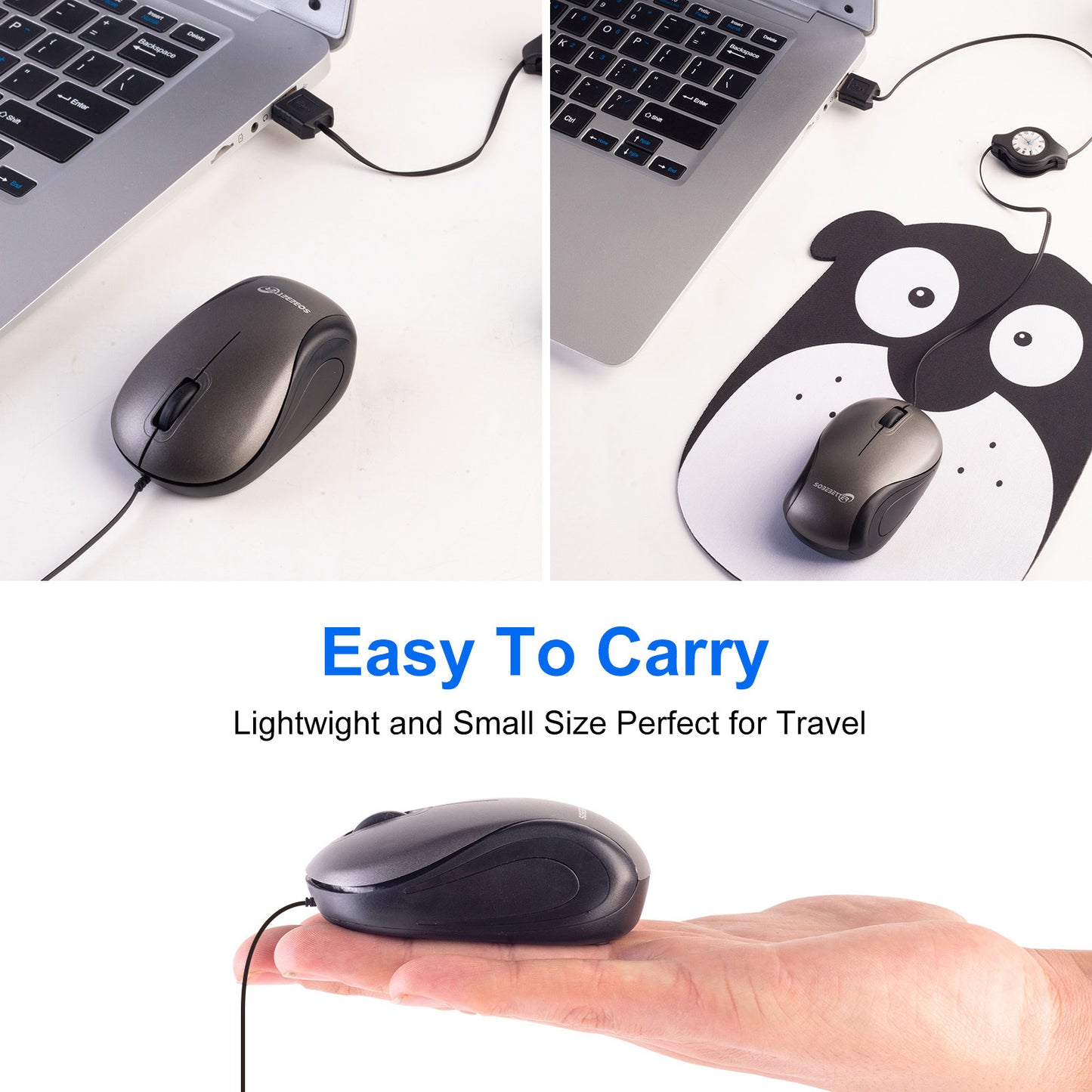 Grey and Black Portable Mini USB Mouse with Retractable Cable - Compact Travel Mouse for PC and Laptop - Image 6