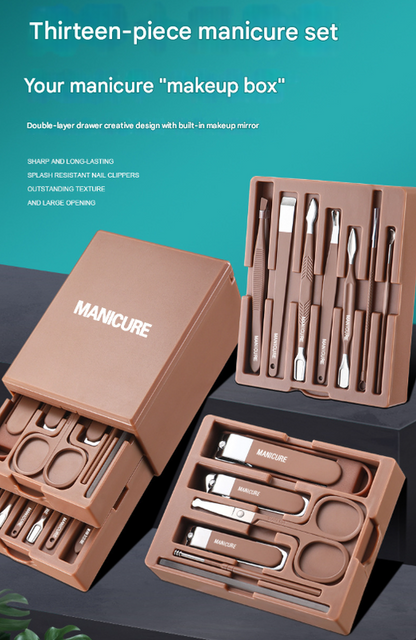 White Premium 13-in-1 Manicure & Grooming Kit - Professional Carbon Steel Pedicure Set with Dual-Drawer Case & Mirror - Image 2